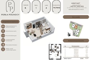 Rzut - Mieszkanie na sprzedaż 3 pokoje o powierzchni 74,74 m² - numer B4 w Perła Północy etap 1