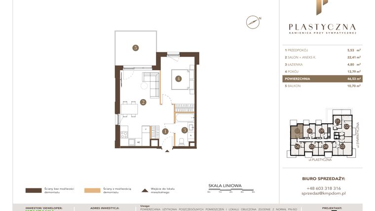 Rzut - Mieszkanie na sprzedaż 2 pokoje o powierzchni 46,53 m² - numer PK-LM-07 w Plastyczna Kamienica przy Sympatycznej
