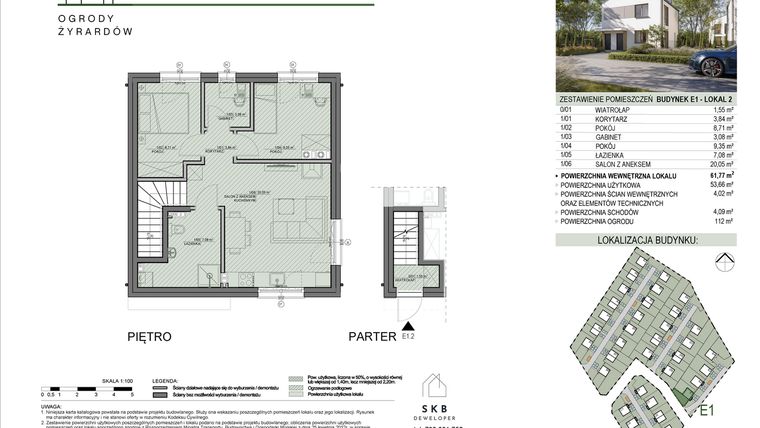 Rzut - Mieszkanie na sprzedaż 3 pokoje o powierzchni 61,77 m² - numer E1.2 w Ogrody Żyrardów etap E