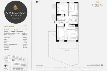 Rzut - Mieszkanie na sprzedaż 3 pokoje o powierzchni 62,24 m² - numer 20.1 w CASCADA House