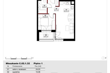 Rzut - Mieszkanie na sprzedaż 2 pokoje o powierzchni 44,06 m² - numer C02.1.32 w Skwer Witosa