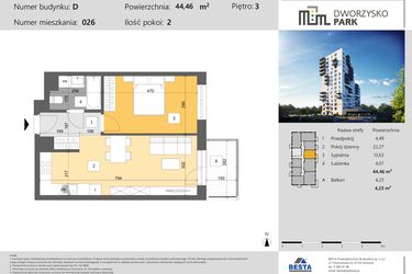 Rzut - Mieszkanie na sprzedaż 2 pokoje o powierzchni 44,46 m² - numer 26 w Dworzysko Park - Etap III