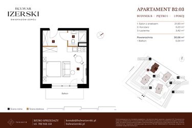 Rzut - Mieszkanie na sprzedaż 1 pokój o powierzchni 30,58 m² - numer B2.03 w Bulwar Izerski