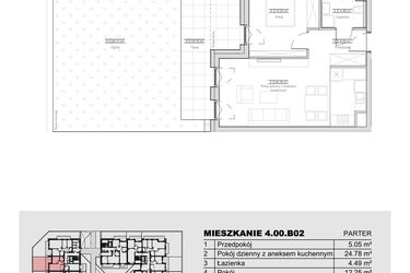 Rzut - Mieszkanie na sprzedaż 2 pokoje o powierzchni 46,57 m² - numer 4.00.B02 w Ogrody Andersa III