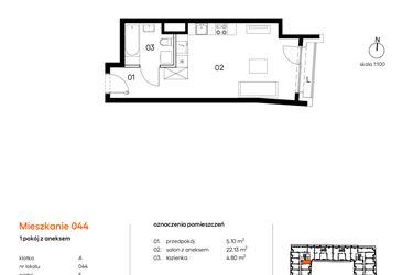 Rzut - Mieszkanie na sprzedaż 1 pokój o powierzchni 32,03 m² - numer A.A044 w Miasto Polskich Mistrzów Olimpijskich II