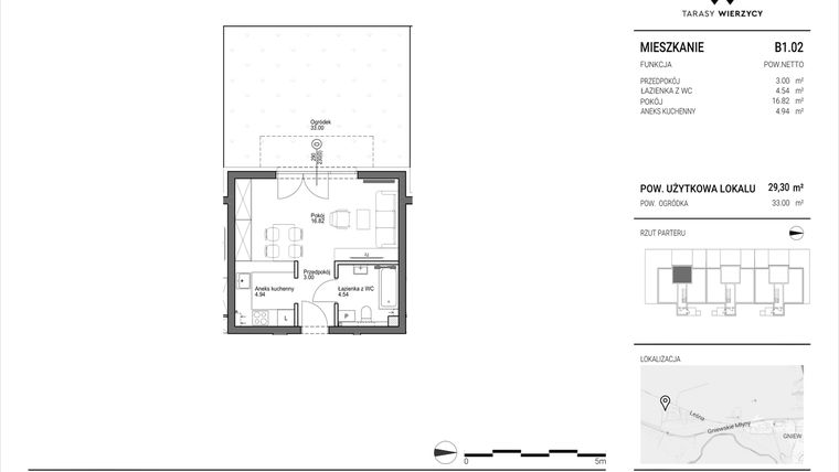 Rzut - Mieszkanie na sprzedaż 1 pokój o powierzchni 29,3 m² - numer B1.02 w Tarasy Wierzycy