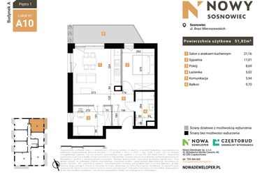 Rzut - Mieszkanie na sprzedaż 3 pokoje o powierzchni 51,82 m² - numer 10 w Nowy Sosnowiec