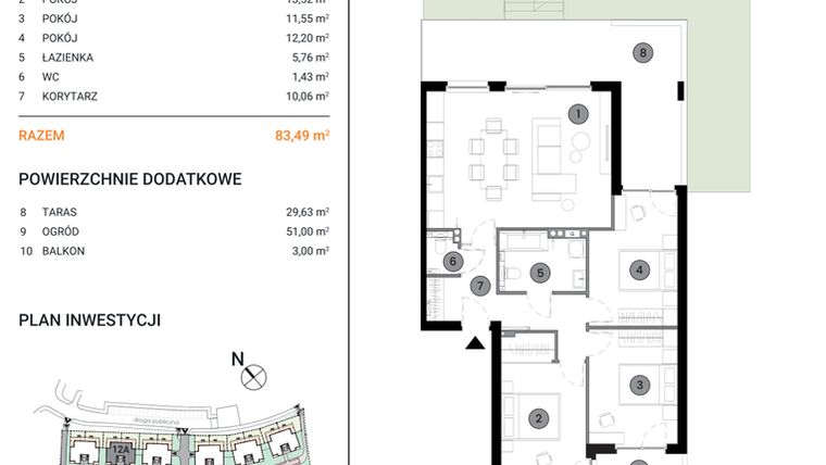 Rzut - Mieszkanie na sprzedaż 4 pokoje o powierzchni 83,49 m² - numer 12A.2 w Wille Miejskie Lekcyjna