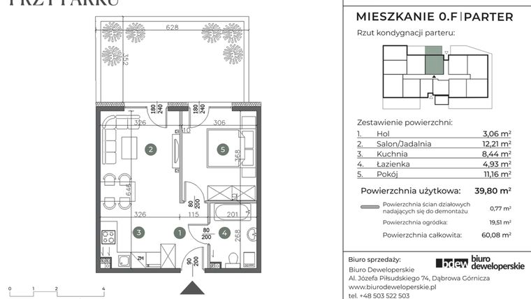 Rzut - Mieszkanie na sprzedaż 2 pokoje o powierzchni 39,8 m² - numer 0.F w Willa przy parku