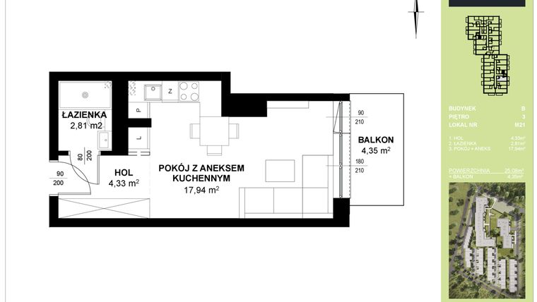 Rzut - Mieszkanie na sprzedaż 1 pokój o powierzchni 25,08 m² - numer B_M21 w Triton Kampinos III