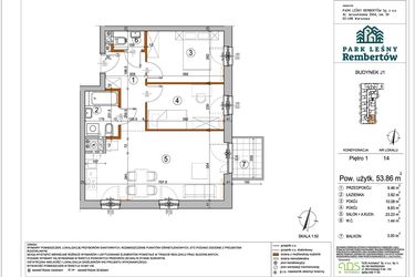 Rzut - Mieszkanie na sprzedaż 3 pokoje o powierzchni 53,86 m² - numer J1-14 w Park Leśny Rembertów etap VIII