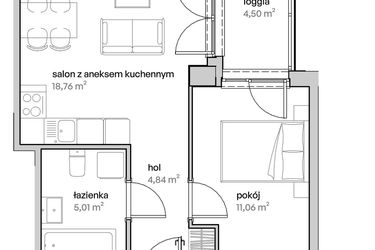 Rzut - Mieszkanie na sprzedaż 2 pokoje o powierzchni 39,67 m² - numer A.03.042 w Unii Lubelskiej Vita