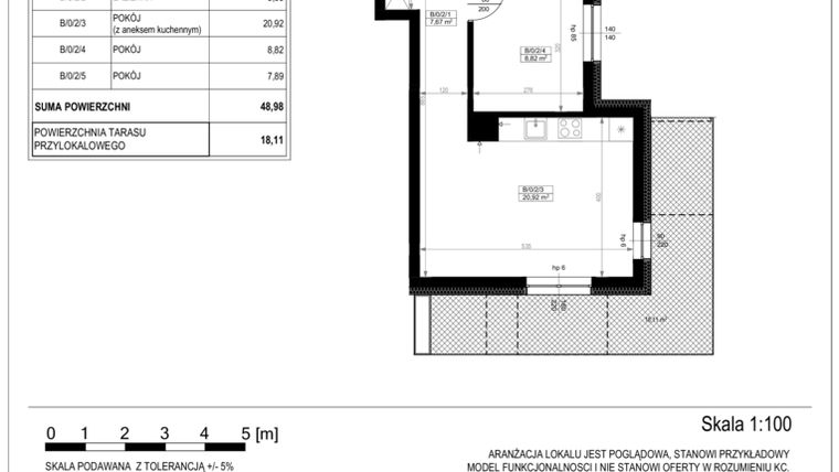 Rzut - Mieszkanie na sprzedaż 3 pokoje o powierzchni 48,98 m² - numer B-0-2 w Zamieszkaj na Rudawskiej 5