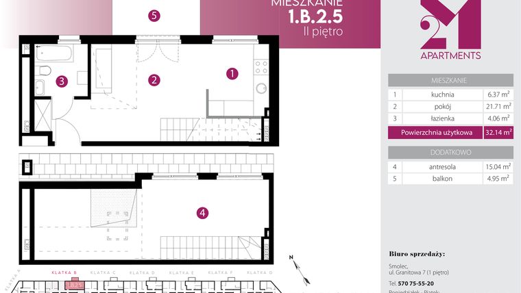 Rzut - Mieszkanie na sprzedaż 2 pokoje o powierzchni 47,18 m² - numer 1.B.2.5 w Maślice Wrocław Milo Dobry Deweloper etap IV