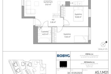 Rzut - Mieszkanie na sprzedaż 3 pokoje o powierzchni 62,75 m² - numer A5.1M01 w ROSA Residence