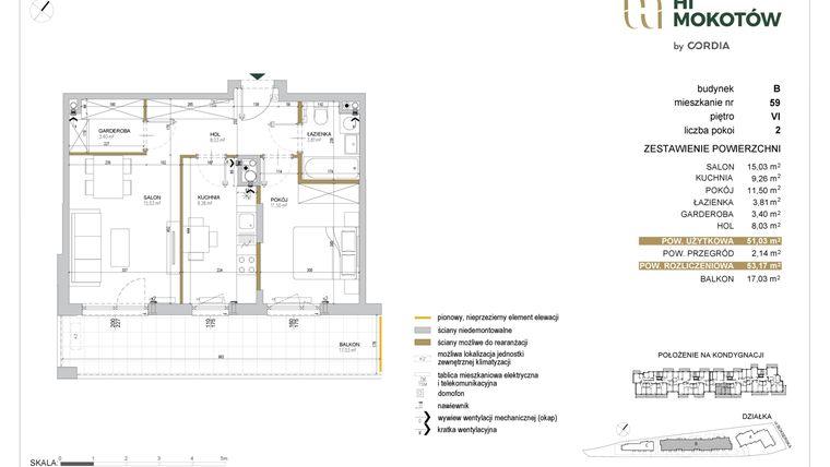 Rzut - Mieszkanie na sprzedaż 2 pokoje o powierzchni 51,07 m² - numer A1.B.59 w Hi Mokotów