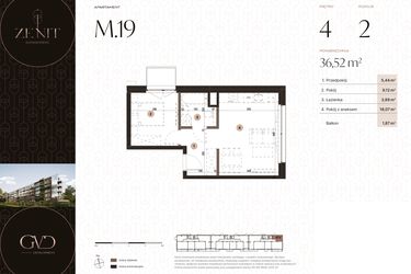 Rzut - Mieszkanie na sprzedaż 2 pokoje o powierzchni 36,52 m² - numer M19 w Zenit Głowackiego