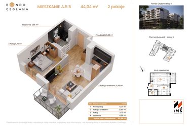 Rzut - Mieszkanie na sprzedaż 2 pokoje o powierzchni 44,04 m² - numer A.5.5 w Rondo Ceglana etap II