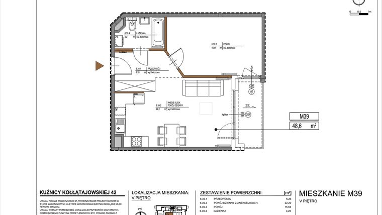 Rzut - Mieszkanie na sprzedaż 2 pokoje o powierzchni 48,4 m² - numer M39 w Kuźnicy Kołłątajowskiej 42