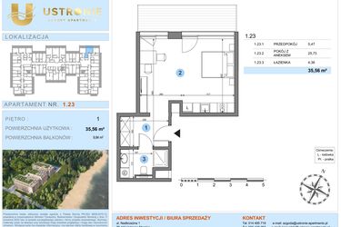 Rzut - Mieszkanie na sprzedaż 1 pokój o powierzchni 35,56 m² - numer 1.23 w Ustronie Luxury Apartments