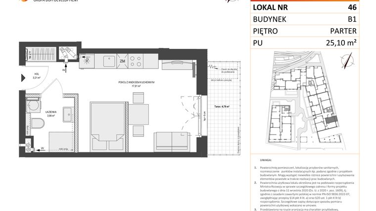 Rzut - Mieszkanie na sprzedaż 1 pokój o powierzchni 25,1 m² - numer B1.46 w Zajezdnia Motława
