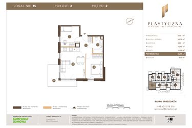 Rzut - Mieszkanie na sprzedaż 3 pokoje o powierzchni 56,99 m² - numer PK-LM-15 w Plastyczna Kamienica przy Sympatycznej