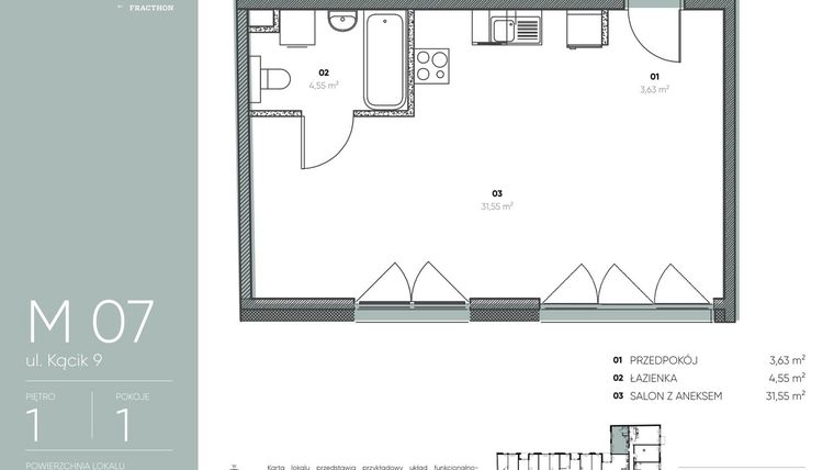 Rzut - Mieszkanie na sprzedaż 1 pokój o powierzchni 39,73 m² - numer M.7 w Ja\nas