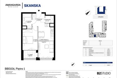 Rzut - Mieszkanie na sprzedaż 2 pokoje o powierzchni 42,87 m² - numer 1BB0106 w Awangarda Mogilska