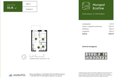 Rzut - Mieszkanie na sprzedaż 2 pokoje o powierzchni 33,13 m² - numer 3.A.1.02 w Murapol EcoOne