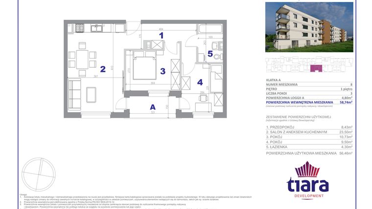 Rzut - Mieszkanie na sprzedaż 3 pokoje o powierzchni 58,74 m² - numer 8 w Osiedle Janowiecka