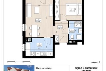 Rzut - Mieszkanie na sprzedaż 2 pokoje o powierzchni 46,37 m² - numer B3/1/23 w Montano bud. B3