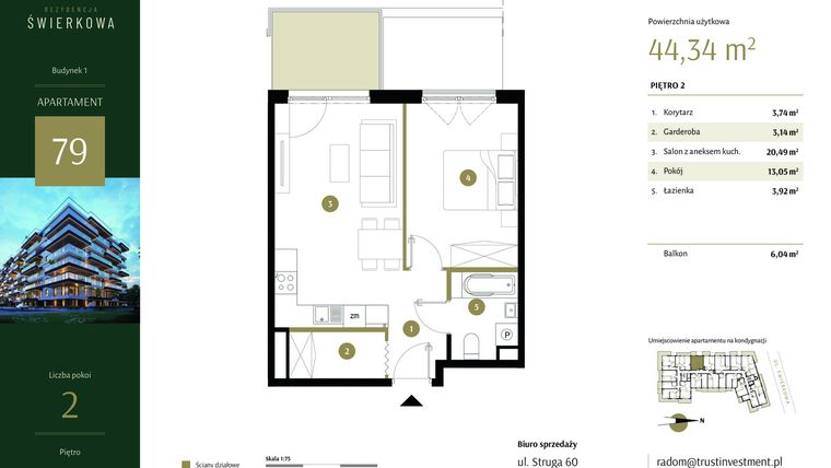 Rzut - Mieszkanie na sprzedaż 2 pokoje o powierzchni 44,34 m² - numer 79 w Rezydencja Świerkowa