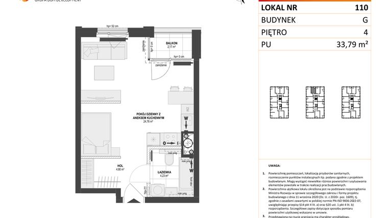 Rzut - Mieszkanie na sprzedaż 1 pokój o powierzchni 33,79 m² - numer G.110 w DOKI Living etap II