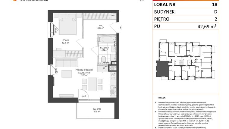 Rzut - Mieszkanie na sprzedaż 2 pokoje o powierzchni 42,69 m² - numer D.18 w Osiedle Warszawska etap II