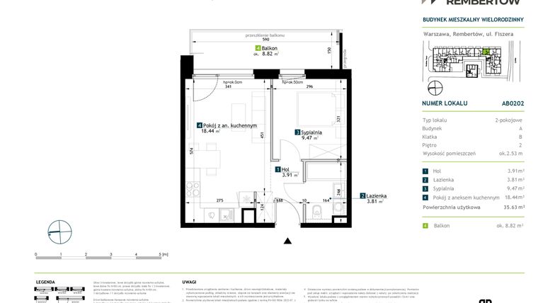 Rzut - Mieszkanie na sprzedaż 2 pokoje o powierzchni 35,63 m² - numer AB0202 w Stacja Rembertów