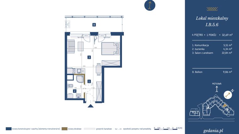 Rzut - Mieszkanie na sprzedaż 1 pokój o powierzchni 32,69 m² - numer I.B.5.6 w GEDANIA Riverside Living