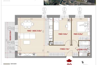 Rzut - Mieszkanie na sprzedaż 3 pokoje o powierzchni 66,46 m² - numer 23 w HUZAR B3