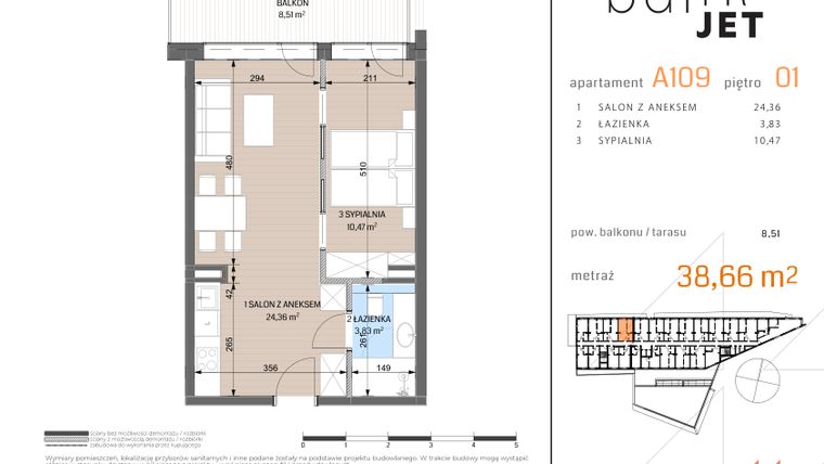Rzut - Mieszkanie na sprzedaż 2 pokoje o powierzchni 38,66 m² - numer A109 w Baltic Jet