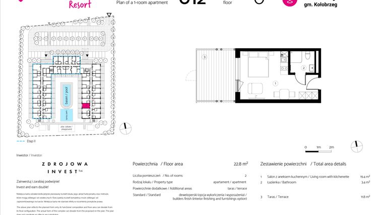 Rzut - Mieszkanie na sprzedaż 1 pokój o powierzchni 22,8 m² - numer 012 w VacationClub Resort