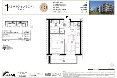 Rzut - Mieszkanie na sprzedaż 2 pokoje o powierzchni 34,06 m² - numer M34 w Jemiołuszki Park