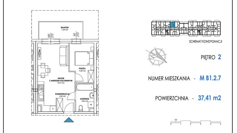 Rzut - Mieszkanie na sprzedaż 2 pokoje o powierzchni 37,5 m² - numer B1.2.7 w Apartamenty Nowe Miasto
