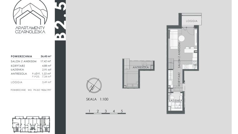 Rzut - Mieszkanie na sprzedaż 1 pokój o powierzchni 26,43 m² - numer B2.5 w Apartamenty Czarnoleska