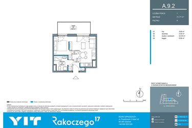 Rzut - Mieszkanie na sprzedaż 1 pokój o powierzchni 31,74 m² - numer A.9.2 w Rakoczego 17