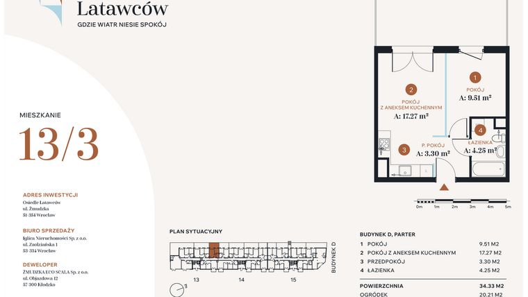 Rzut - Mieszkanie na sprzedaż 2 pokoje o powierzchni 34,33 m² - numer D13-3 w Osiedle Latawców