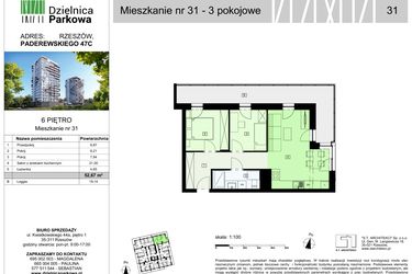 Rzut - Mieszkanie na sprzedaż 3 pokoje o powierzchni 52,67 m² - numer 31/B8 w Dzielnica Parkowa VIII