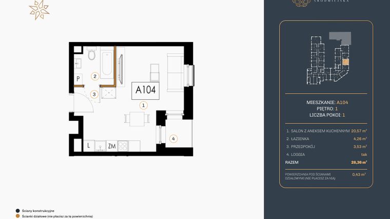 Rzut - Mieszkanie na sprzedaż 1 pokój o powierzchni 28,36 m² - numer A.104 w Rezydencja Śródmiejska