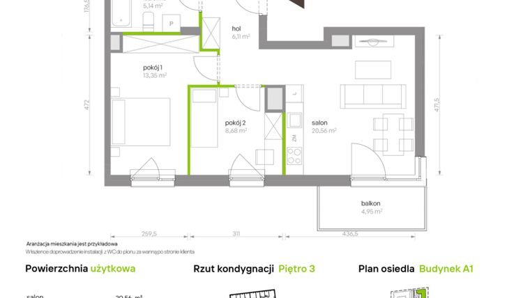 Rzut - Mieszkanie na sprzedaż 3 pokoje o powierzchni 53,84 m² - numer A1.3B62 w Bemowo Vita
