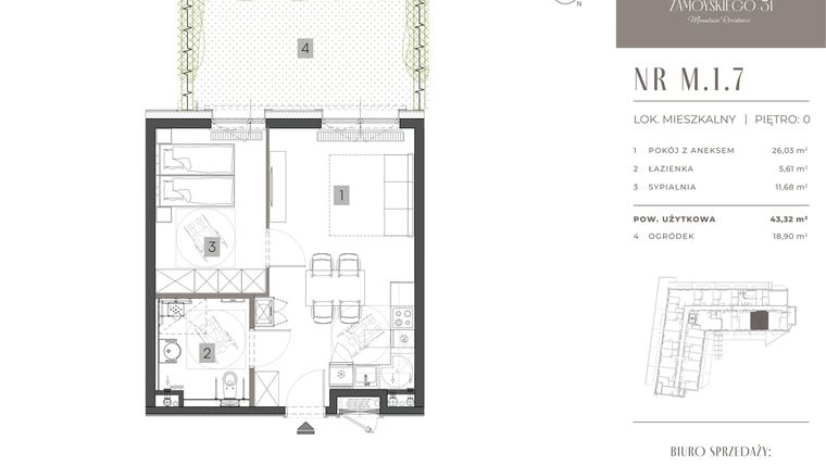 Rzut - Mieszkanie na sprzedaż 2 pokoje o powierzchni 43,32 m² - numer M.1.7 w Zamoyskiego 31