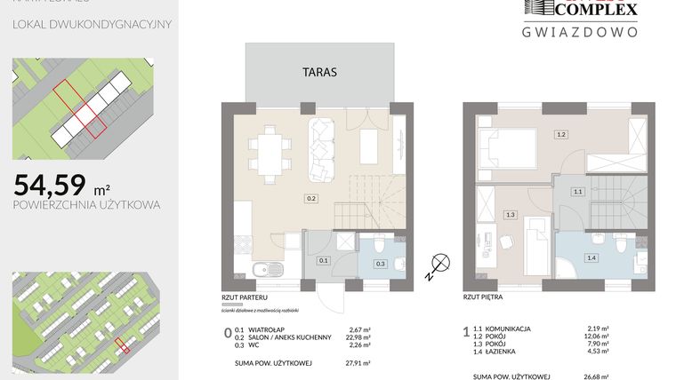 Rzut - Dom na sprzedaż 3 pokoje o powierzchni 54,59 m² - numer O15.1 w Osiedle Gwiazdowo etap 12