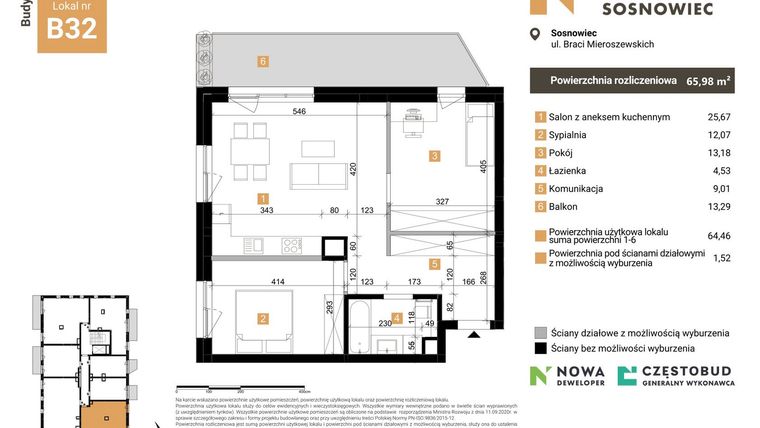 Rzut - Mieszkanie na sprzedaż 3 pokoje o powierzchni 65,98 m² - numer B32 w Nowy Sosnowiec